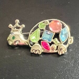 Crown Turtle Brooch Womens Multicolor Crystal Pin Silver Tone Whimsical Tortoise